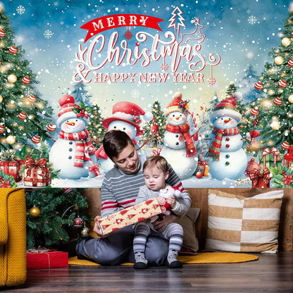 Large Christmas Banner Backdrop, Snowman Merry Christmas Banner Indoor Xmas Photography Background Party Decoration for Xmas New Year Party Photo Booth Wall Hanging Decor, 72.8 X 43.3 Inch