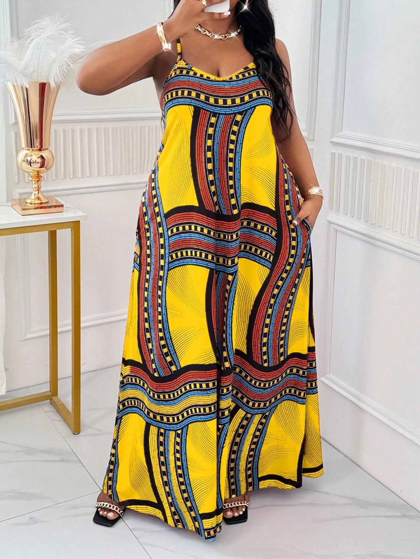 Women's Plus Size Spring and Summer Casual Beach Spaghetti Strap Gown - Plaid and African-Inspired Vacation Dresses for Women