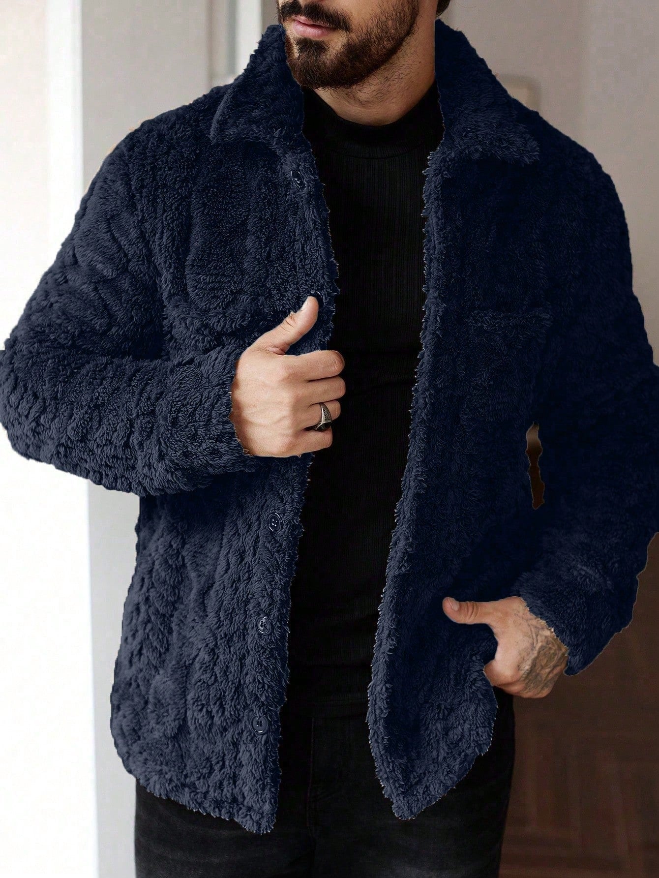 Manfinity Homme Men'S Casual Solid Color Fuzzy Jacket for Autumn/Winter ,Men Flannel,Winter Men Jacket, Going Out Warm Long Sleeve Jacket, for Friends, Husband, Boyfriend Gifts
