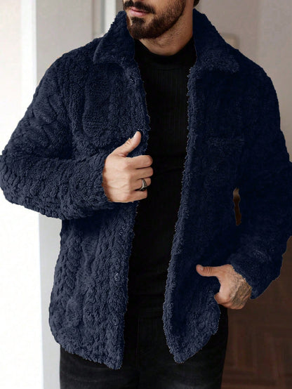 Manfinity Homme Men'S Casual Solid Color Fuzzy Jacket for Autumn/Winter ,Men Flannel,Winter Men Jacket, Going Out Warm Long Sleeve Jacket, for Friends, Husband, Boyfriend Gifts