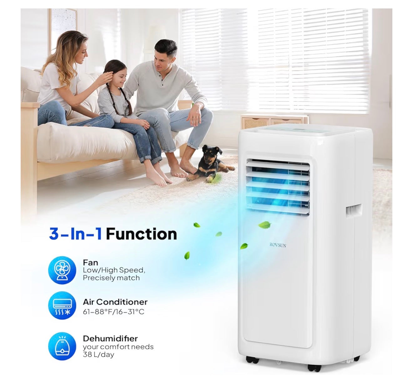 ROVSUN 8000BTU Portable Air Conditioner, 4-in-1 Air Conditioning Unit, Fan, Dehumidifier & Sleep Mode with 2 Speeds. LED Display and Remote Control, with Built-in 24H Timer, Window kit, for home