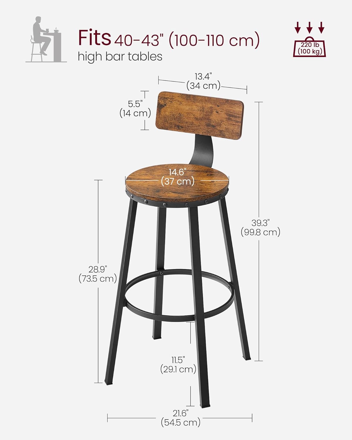 Bar Stools Set of 2, Kitchen Breakfast Bar Chairs, with Backrest, Steel Frame, 73 Cm Tall Seat, Easy Assembly, Industrial Style, Rustic Brown and Black LBC026B01V1