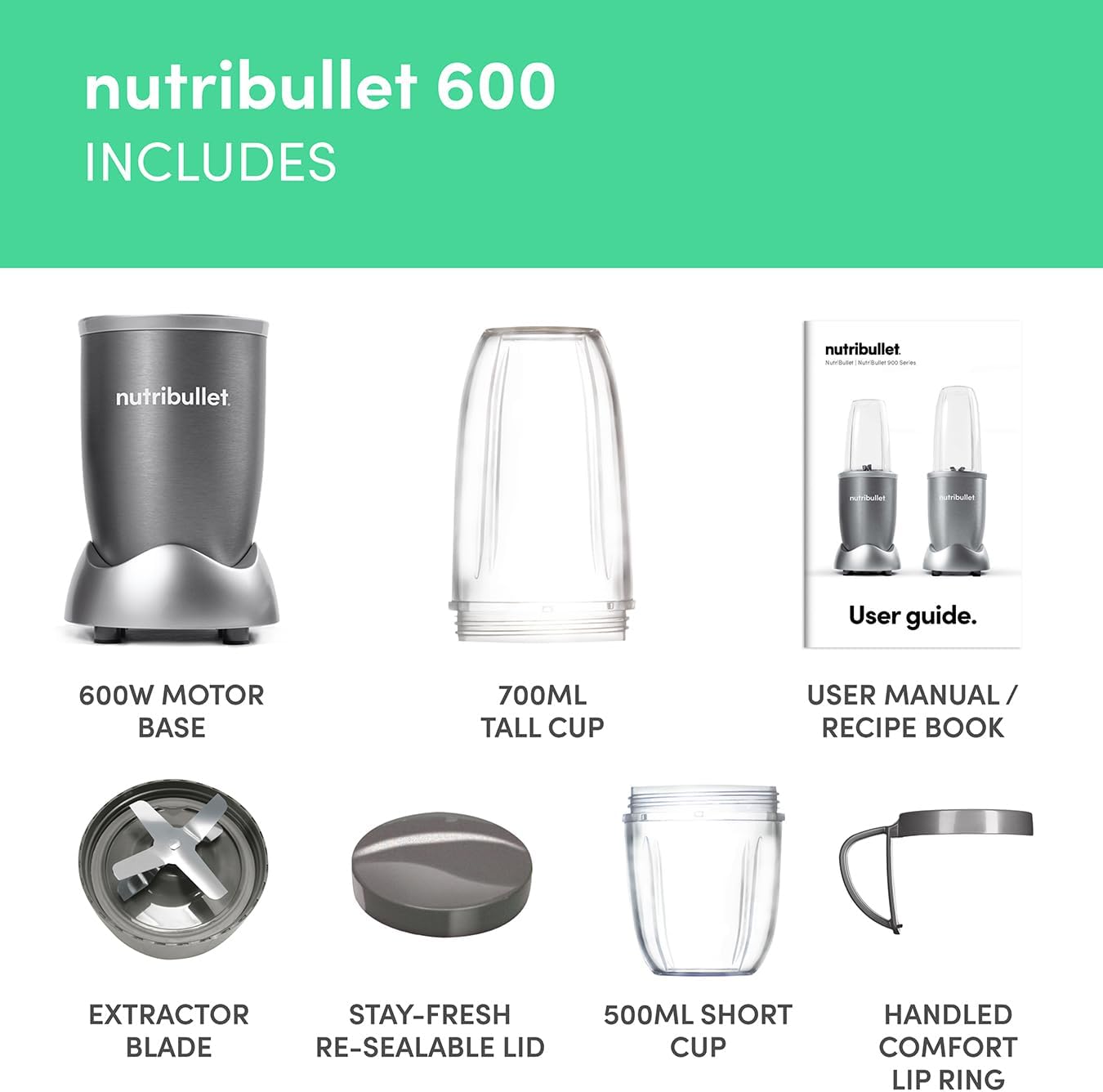 Blender 600 Series - Powerful 20,000 RPM Extractor Blends Frozen Fruit, Nuts & Ice - 7 Piece Kit Includes Tall Cup, Short Cup, Handled Ring & Sealable Lid - Ideal for Smoothies