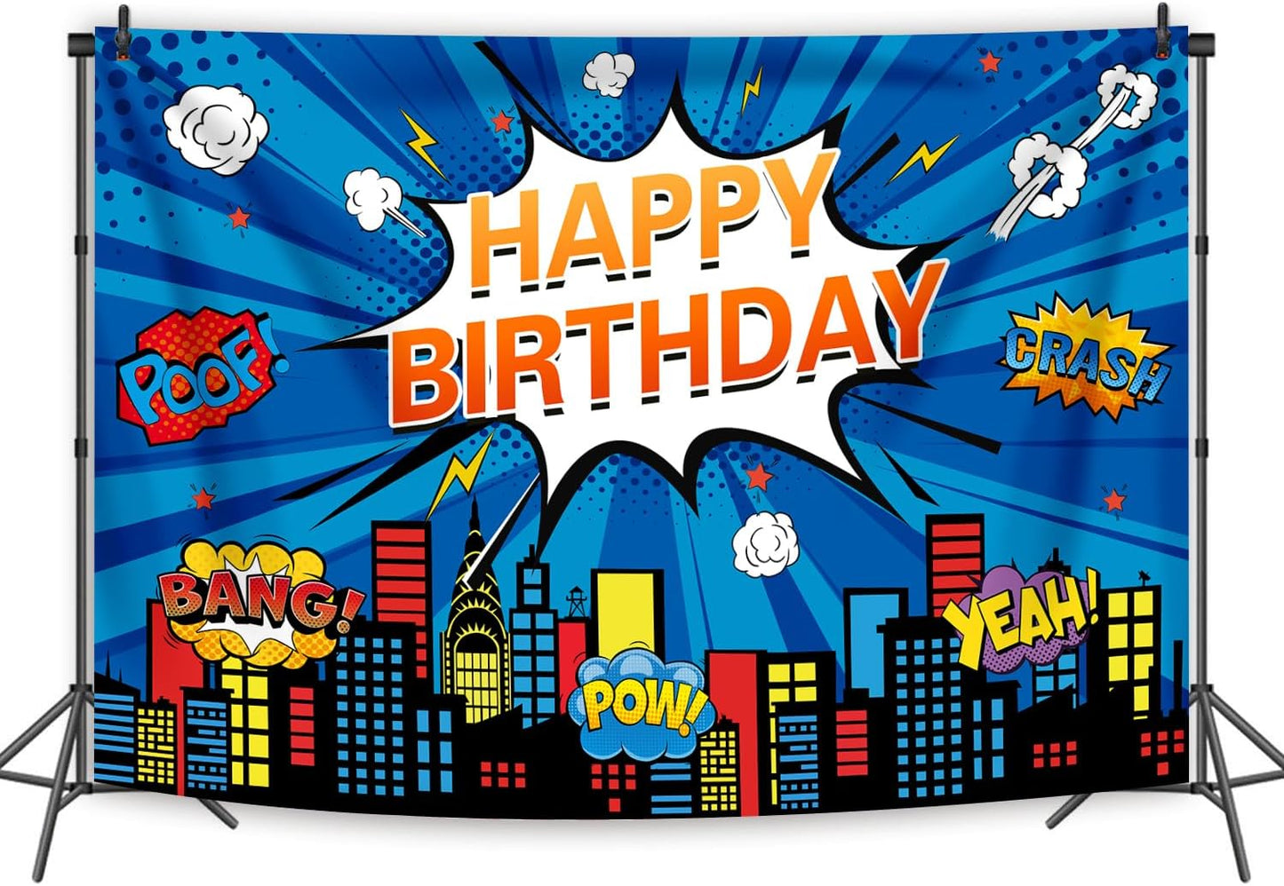 Superhero Cityscape Photo Backdrop 2.4X1.8M Super Hero Party Blue Background Boy Birthday Decoration Banner Background Kids Photo Hero City Birthday Party Decorations