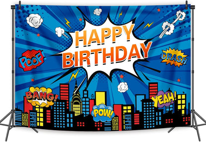 Superhero Cityscape Photo Backdrop 2.4X1.8M Super Hero Party Blue Background Boy Birthday Decoration Banner Background Kids Photo Hero City Birthday Party Decorations