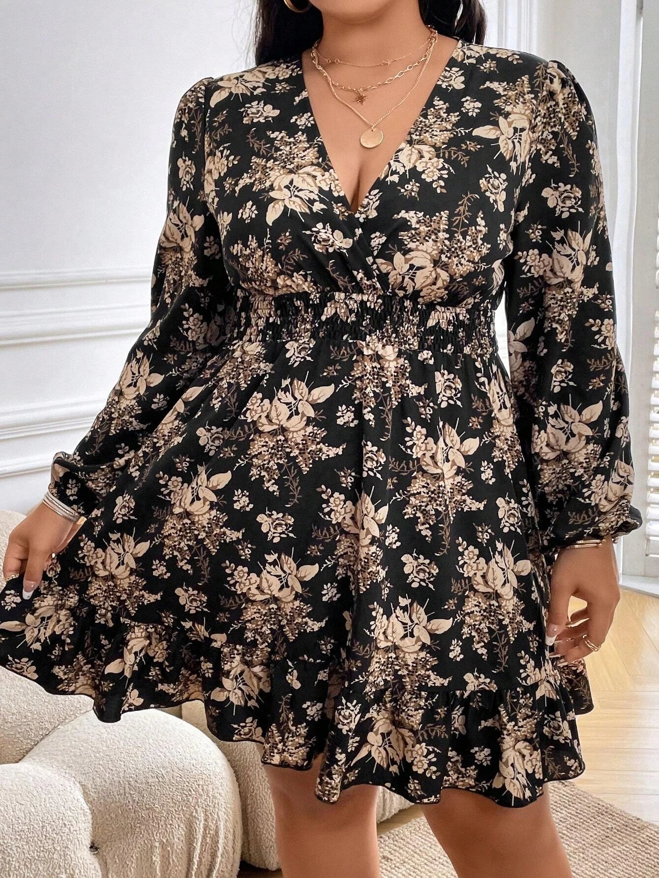 Plus Size Floral Print Lantern Sleeve Dress with Ruffle Hem by LUNE