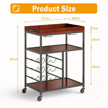 3-Tier Kitchen Island Storage Cart with Wine Rack and Glass Holder