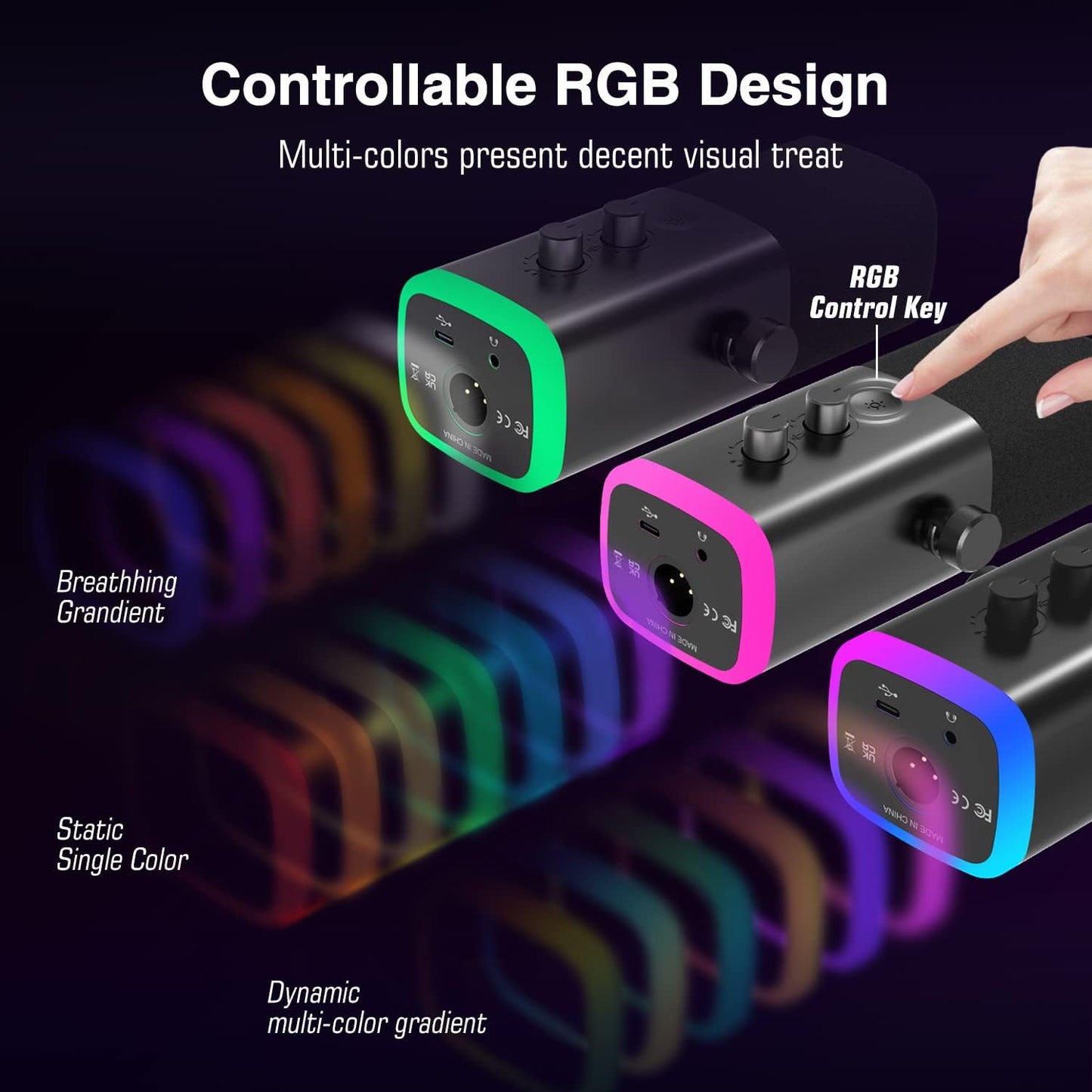 XLR/USB Gaming Microphone, Studio Dynamic Streaming Mic, Computer Desktop Stand Microphone for Podcast, Voiceover, Recording, with RGB, Mute, Monitoring Headphone Jack, Gain Knob, Black-Am8