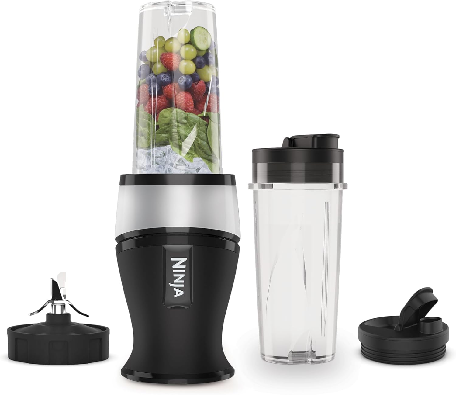 700W Slim Blender & Smoothie Maker, 2X 470Ml Cups with Spout Lids, Personal Blender, Crush Ice & Frozen Fruit, Silver/Black QB3001UKS