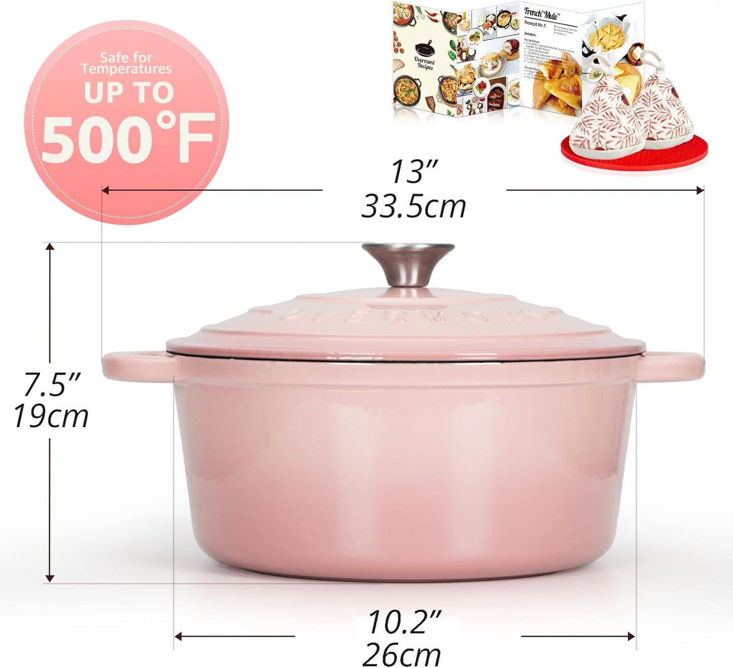 26Cm/5.2L Enamelled Cast Iron round Casserole Pot with Lid Cookbook & Cotton Potholders - Non-Stick Dutch Oven Cookware for Braising, Stews, Roasting, Bread Baking - Pink, 5.5QT