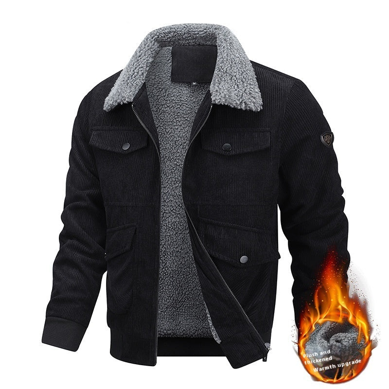 Winter Lapel Fleece Jacket with Pockets Warm Thicken Cotton Coat Men'S Clothing