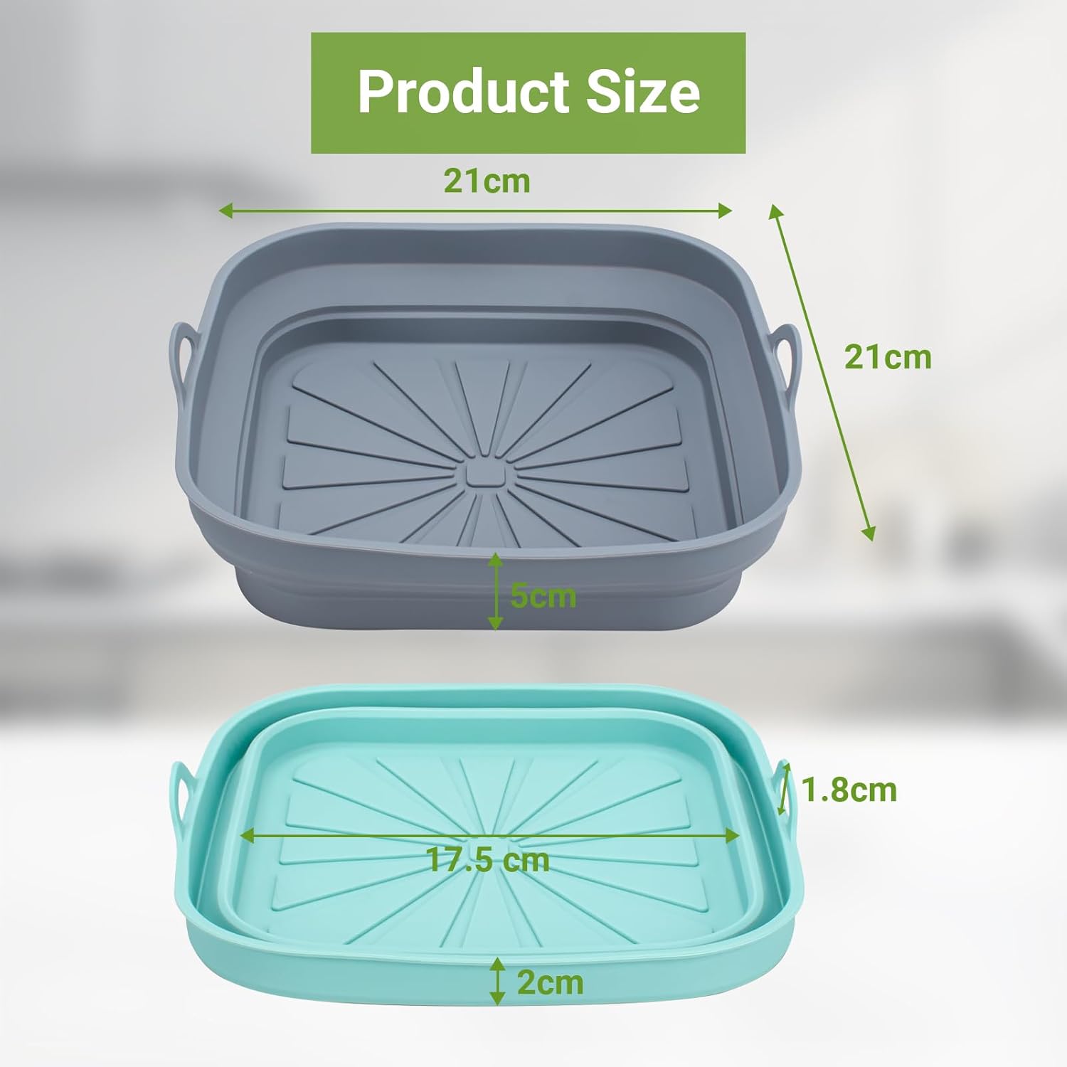 Silicone Air Fryer Liners 2PCS Reusable Airfryer Tray Foldable Kitchen Accessories Basket Versatile Square Baking Rack Pot for Microwave, Oven (Blue+Grey)