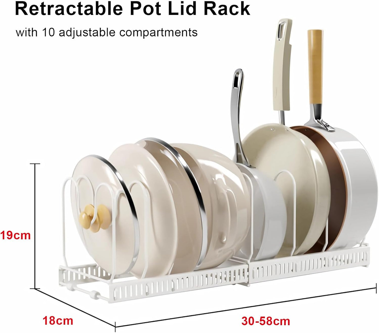 Expandable Pans Organiser Rack, Pan Lid Storage with 10 Adjustable Dividers, Pot Lid Holder, Kitchen Cupboard Organiser (White)