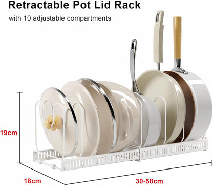 Expandable Pans Organiser Rack, Pan Lid Storage with 10 Adjustable Dividers, Pot Lid Holder, Kitchen Cupboard Organiser (White)