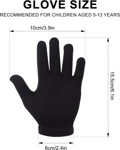 6 Pairs Winter Magic Gloves Kids, Warm Knit Stretch Black Full Finger Gloves for Girls Boys