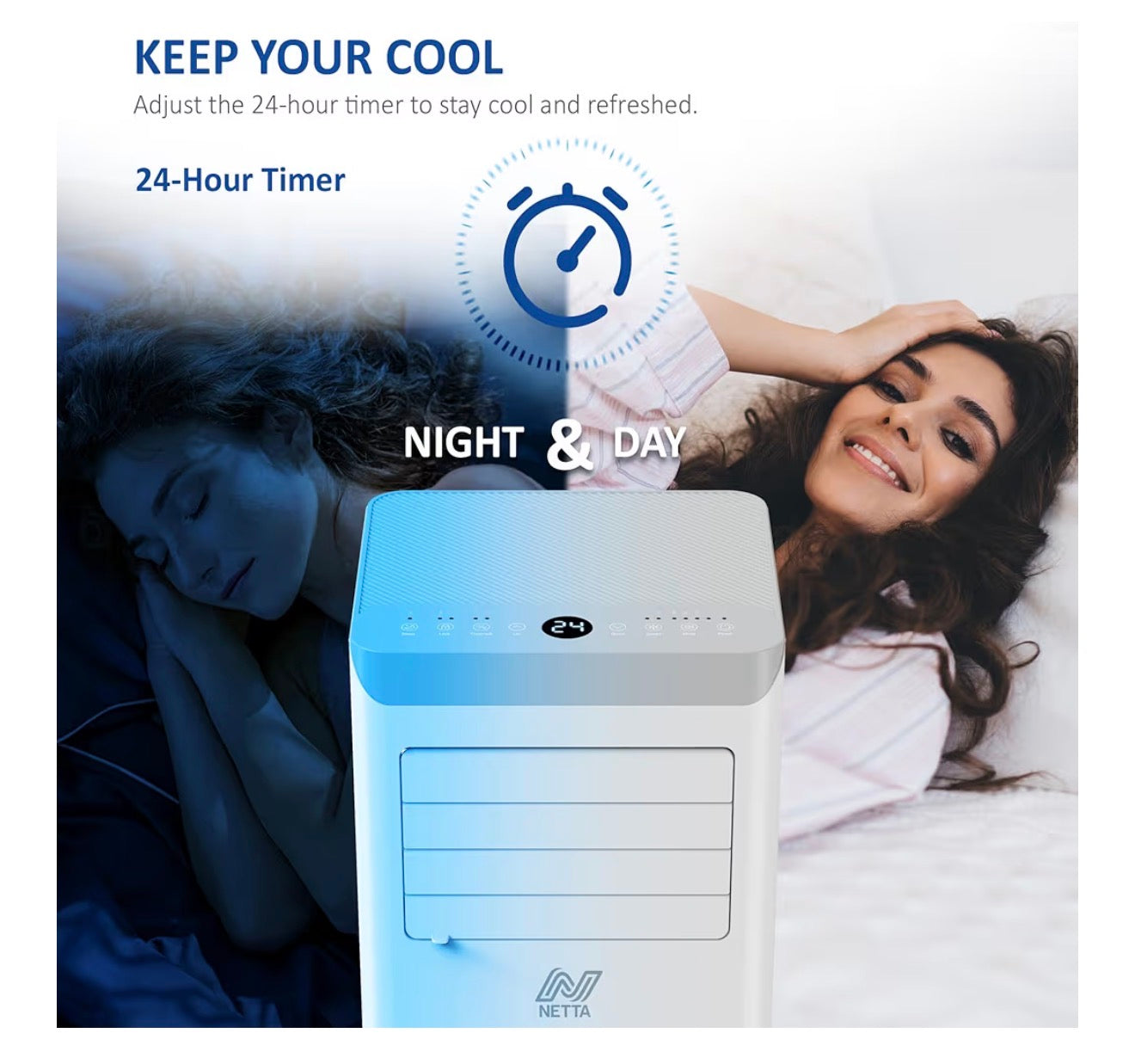 NETTA Portable Air Conditioner 7000 BTU - 3 in 1 Air Conditioning Unit with Dehumidifier & Cooling Fan - 24H Timer, Remote & LED Touch Control - Portable Conditioner for Bedroom, Home & Office - White