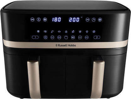 Dual Air Fryer 9L Rapid Airfryer [Dual Basket/Zone, Low-Noise, 9 Programs] Satisfry (Dishwasher Safe Drawers, Max 200℃, Oil Free Cooking, Roast, Bake, Grill, Keep Warm) 27680