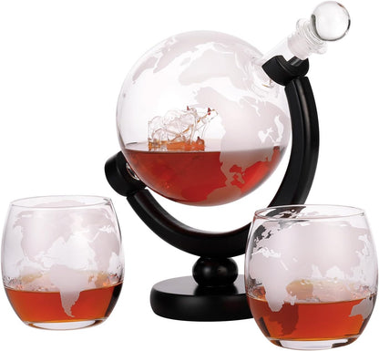 Whiskey Decanter Globe Set with 2 * 250Ml Glasses & Bottle Opener Keychain,Anniversary Birthday Gifts for Him Husband Boyfriend, 850Ml Whiskey Flask Decanter,Unique Christmas for Bourbon Scotch