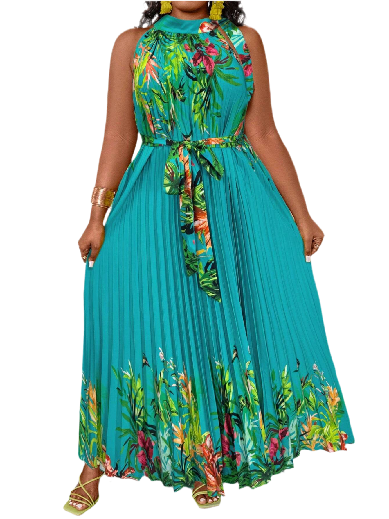 Plus Size Tropical Print Halter Maxi Dress – Perfect for Vacation