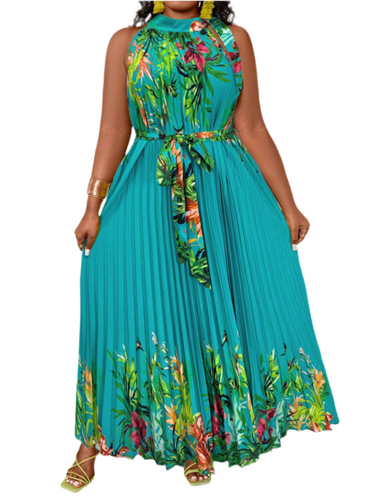 Plus Size Tropical Print Halter Maxi Dress – Perfect for Vacation