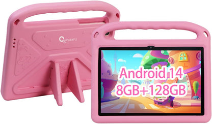 Android 14 10 Inch Kids Tablet,8Gb+128Gb up to 1Tb,Tablet for Kids with Family Link Parental Control,Touch Tablets for Children Wifi 6,Learning Tablets for Toddlers,Shockproof EVA Case (Pink)