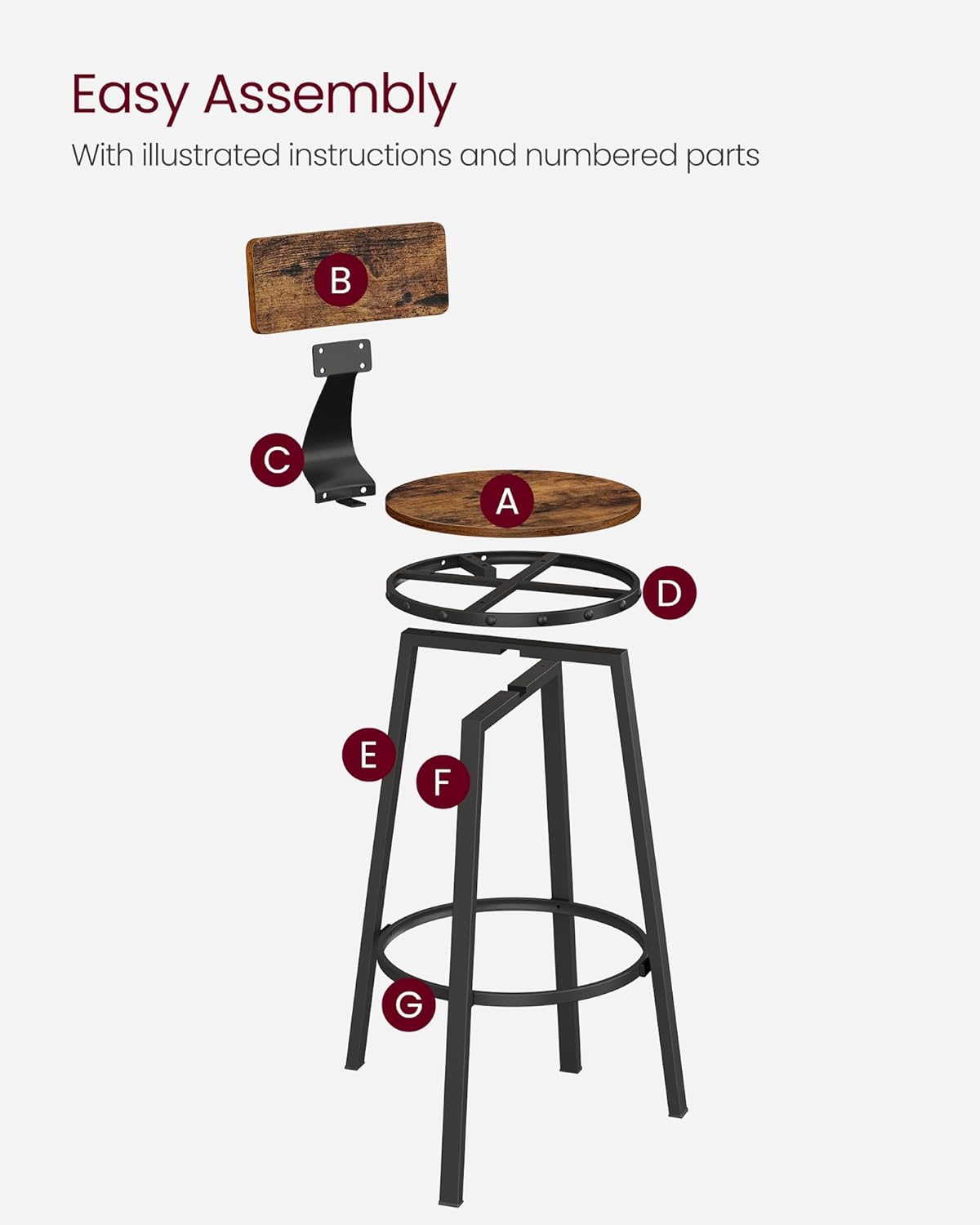 Bar Stools Set of 2, Kitchen Breakfast Bar Chairs, with Backrest, Steel Frame, 73 Cm Tall Seat, Easy Assembly, Industrial Style, Rustic Brown and Black LBC026B01V1