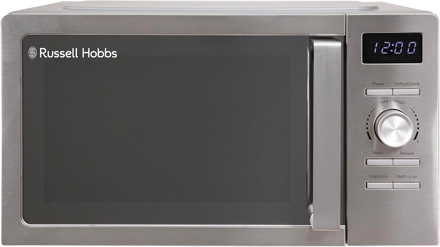 Russell Hobbs Stainless Steel Digital Microwave 20 Litre 800W Solo Digital with 5 Power Levels, Defrost Function & Easy Clean, 60 Minute Timer, 8 Auto-Cook Menus, RHMD828SS
