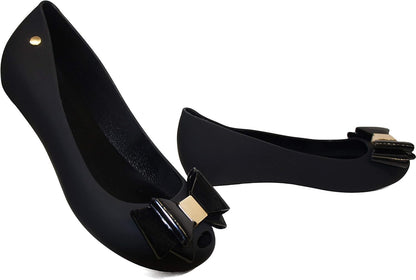 Womens Jelly Ballet Shoes, Bow Details Slip-On Flats, Comfy Ladies Casual Wear Every-Day Closed Toe Ballerina Pumps