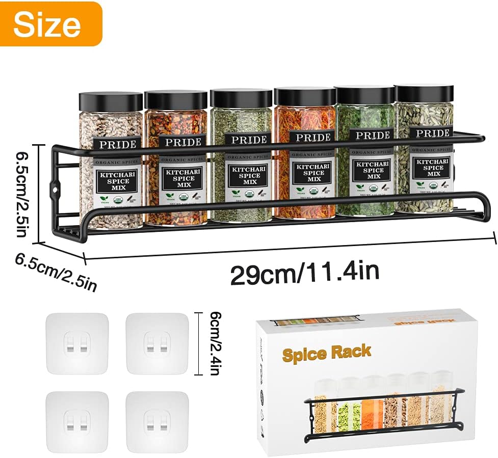 Spice Racks Organiser - 4 Tier Hanging Stainless Steel Wall Mounted with Adhesive Stickers & Screws Kitchen Pantry Shelf for Spices and Condiments, Jars (Black)