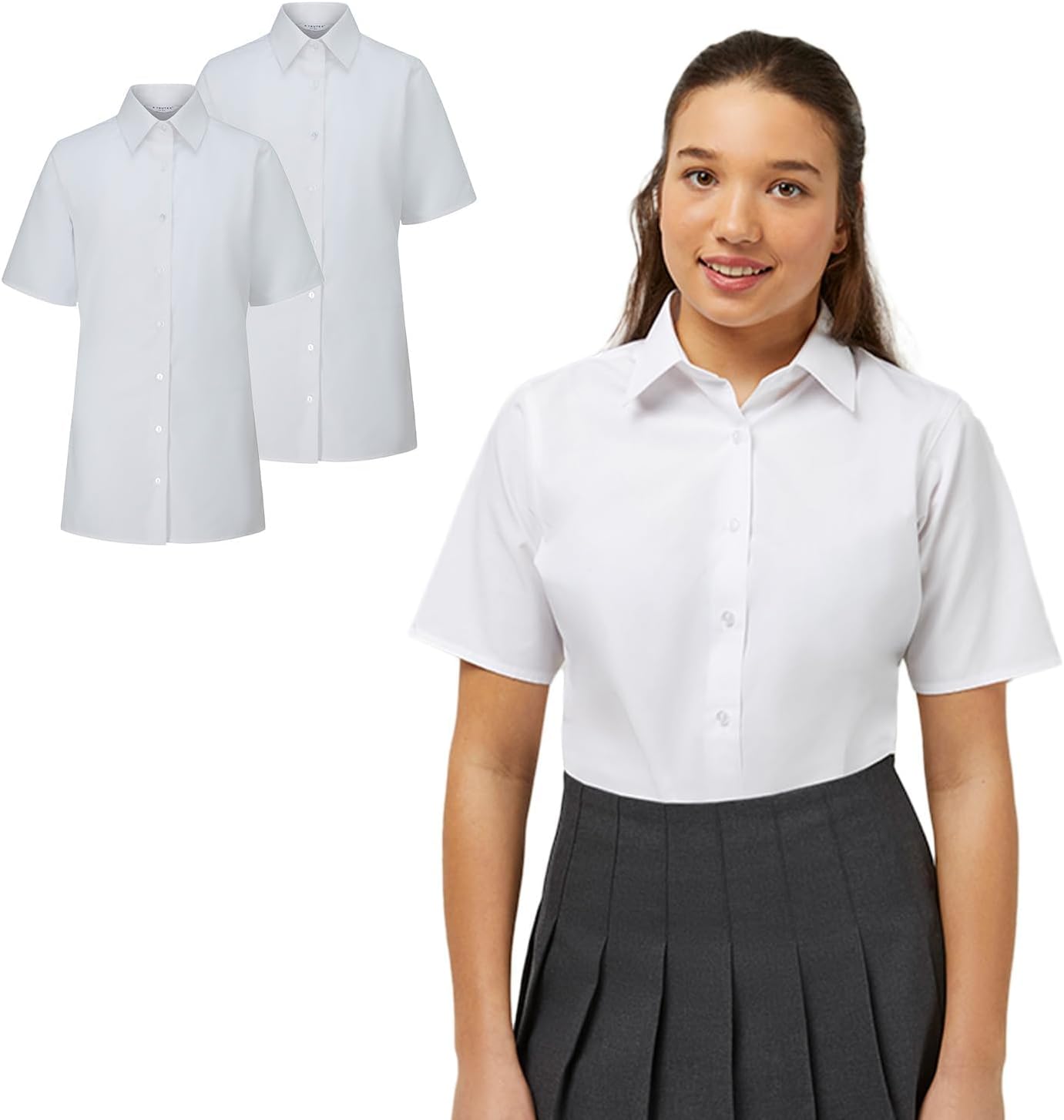 Basics 2 Pack Girls Short Sleeve School Shirts (3-16+ Years). Regular Fit Girls School Blouses, White Shirts for Girls, Easy Iron Girls White School Shirts - Genuine School Uniform