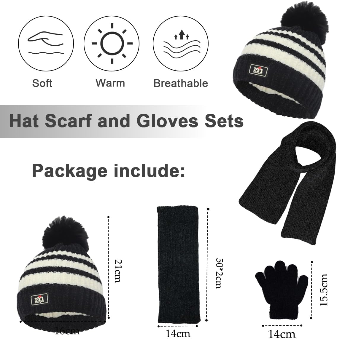 Kids Winter Warm Beanie Hat Scarf Gloves Set Children Knit Striped Pom Pom Beanie Hat 3Pcs Kids Hat Scarf and Snow Gloves Set for Boys Girls and Toddlers Aged 1-5