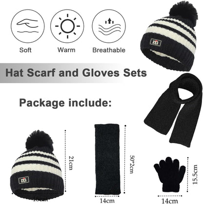 Kids Winter Warm Beanie Hat Scarf Gloves Set Children Knit Striped Pom Pom Beanie Hat 3Pcs Kids Hat Scarf and Snow Gloves Set for Boys Girls and Toddlers Aged 1-5