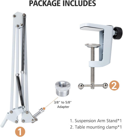 for Fifine AM8 White Boom Arm,Universal Microphone Boom Arm with 3/8" to 5/8" Screw Adapter Clip, Desk Clamp Studio Boom Arm Podcast Mic Arm, Compatible with Fifine AM8 and Most Microphones