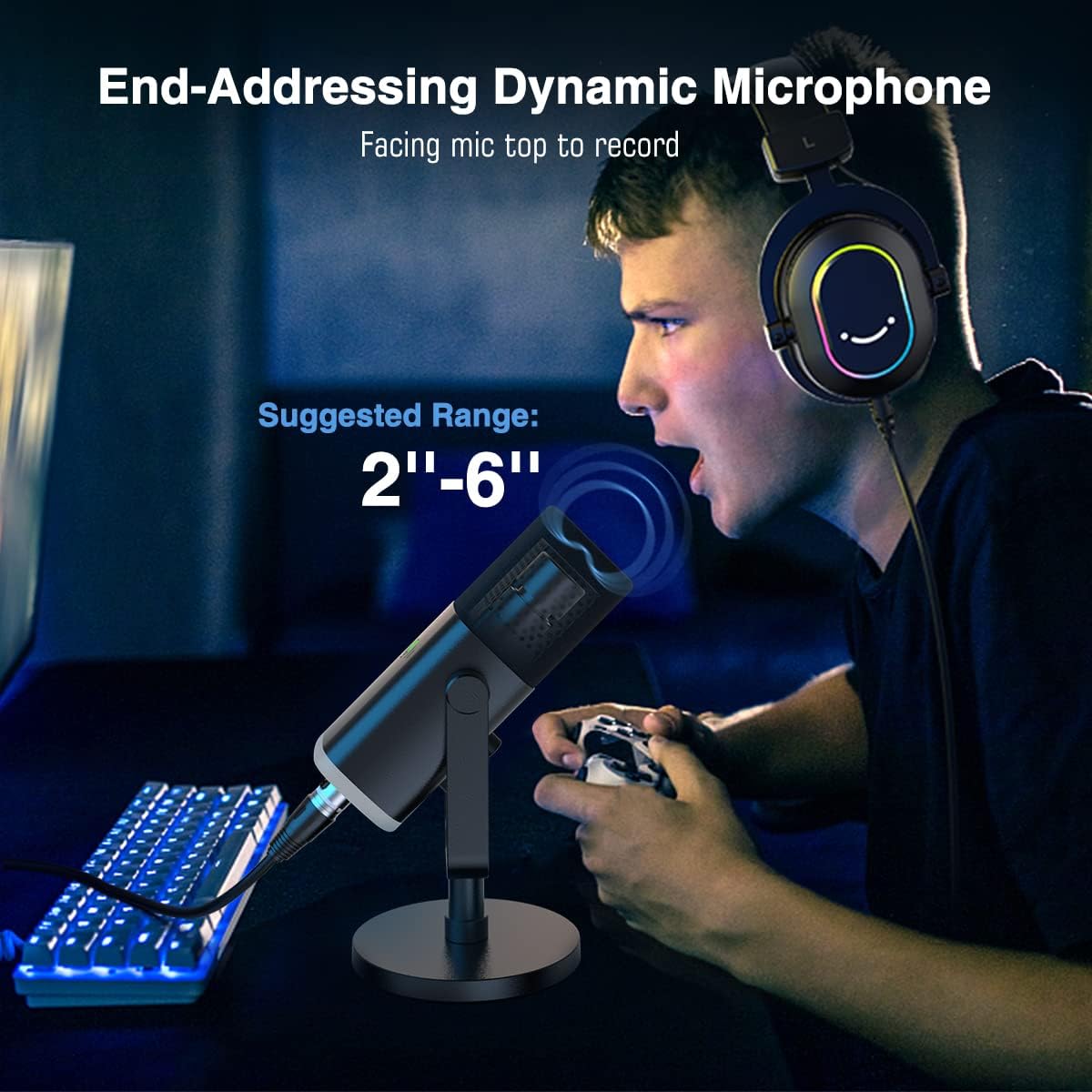 XLR/USB Gaming Microphone, Studio Dynamic Streaming Mic, Computer Desktop Stand Microphone for Podcast, Voiceover, Recording, with RGB, Mute, Monitoring Headphone Jack, Gain Knob, Black-Am8