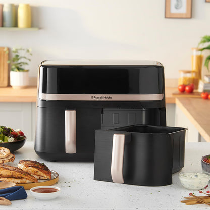 Dual Air Fryer 9L Rapid Airfryer [Dual Basket/Zone, Low-Noise, 9 Programs] Satisfry (Dishwasher Safe Drawers, Max 200℃, Oil Free Cooking, Roast, Bake, Grill, Keep Warm) 27680