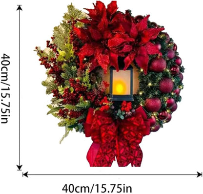 Christmas Wreath with Led Light Sacred Christmas Wreath Retro Red Christmas Wreath, Artificial Wreath Flocked with Mixed Decorations for Window, Porch, Wall Mantel (C)