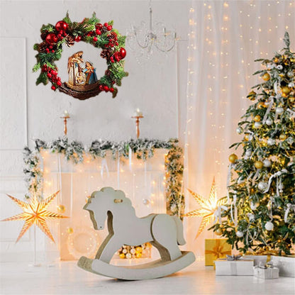 Christmas Wreath with Led Light Sacred Christmas Wreath Retro Red Christmas Wreath, Artificial Wreath Flocked with Mixed Decorations for Window, Porch, Wall Mantel (C)