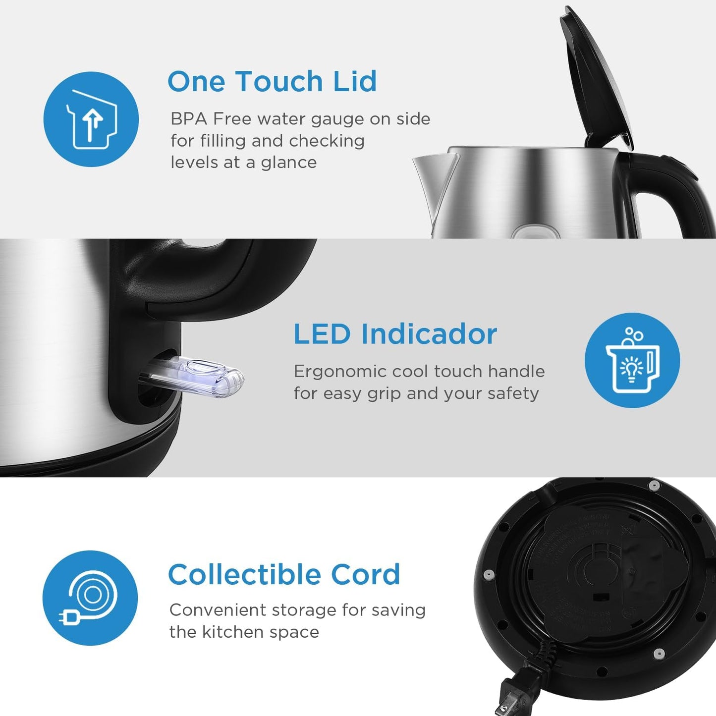 Midea Electric Kettle 3000W Fast Boil 1.7L Stainless Steel Kettle LED Indicator,Spring Lid,Removable Filter,Insulated Handle, Water Level Indicator, Dry Burn Protection,Bpa-Free