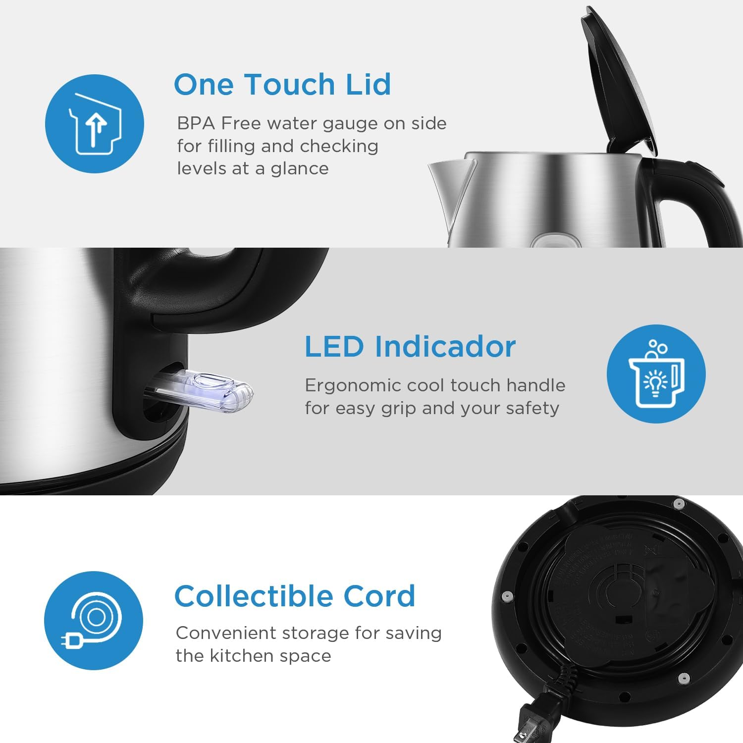 Midea Electric Kettle 3000W Fast Boil 1.7L Stainless Steel Kettle LED Indicator,Spring Lid,Removable Filter,Insulated Handle, Water Level Indicator, Dry Burn Protection,Bpa-Free