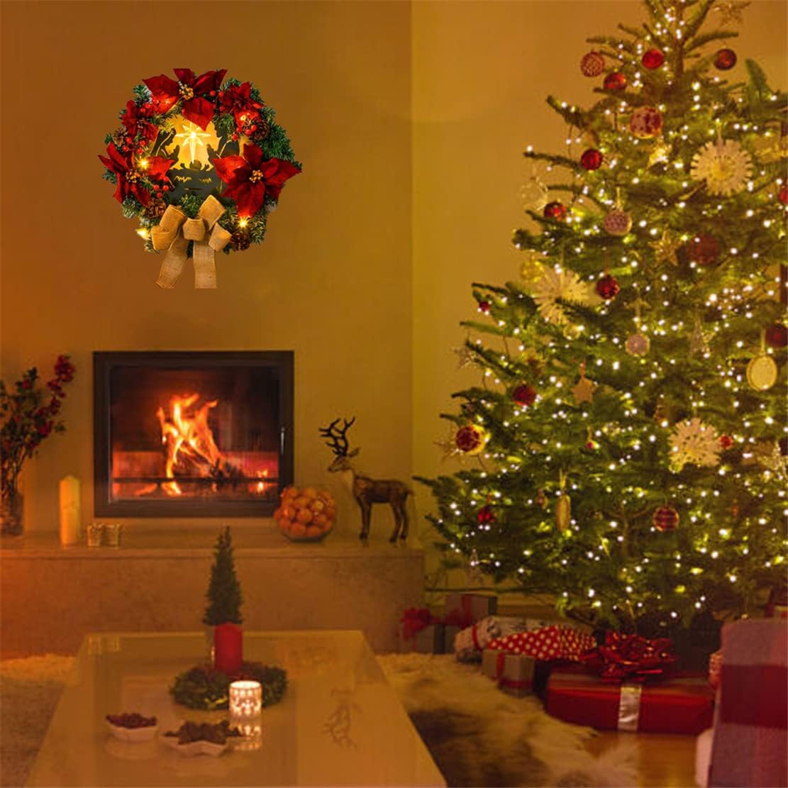 Christmas Wreath with Led Light Sacred Christmas Wreath Retro Red Christmas Wreath, Artificial Wreath Flocked with Mixed Decorations for Window, Porch, Wall Mantel (C)