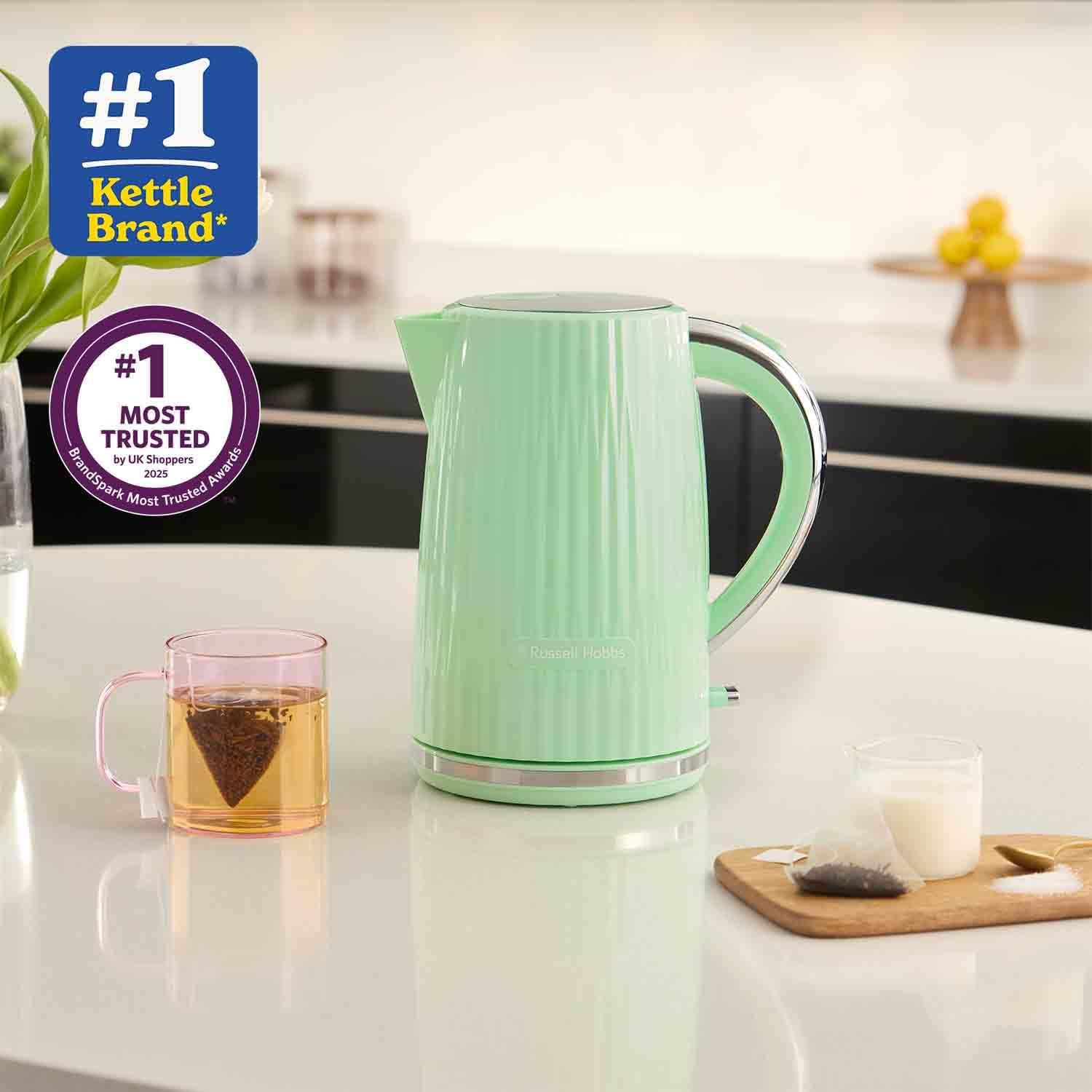 Russell Hobbs Electric Kettle (Hot Water, Tea or Coffee, 1.7L, Push to Open Lid, Perfect Pour Spout, Removable Washable Filter, Illuminated Switch, Chrome Accents, Pistachio, 3000W) Eden 27364