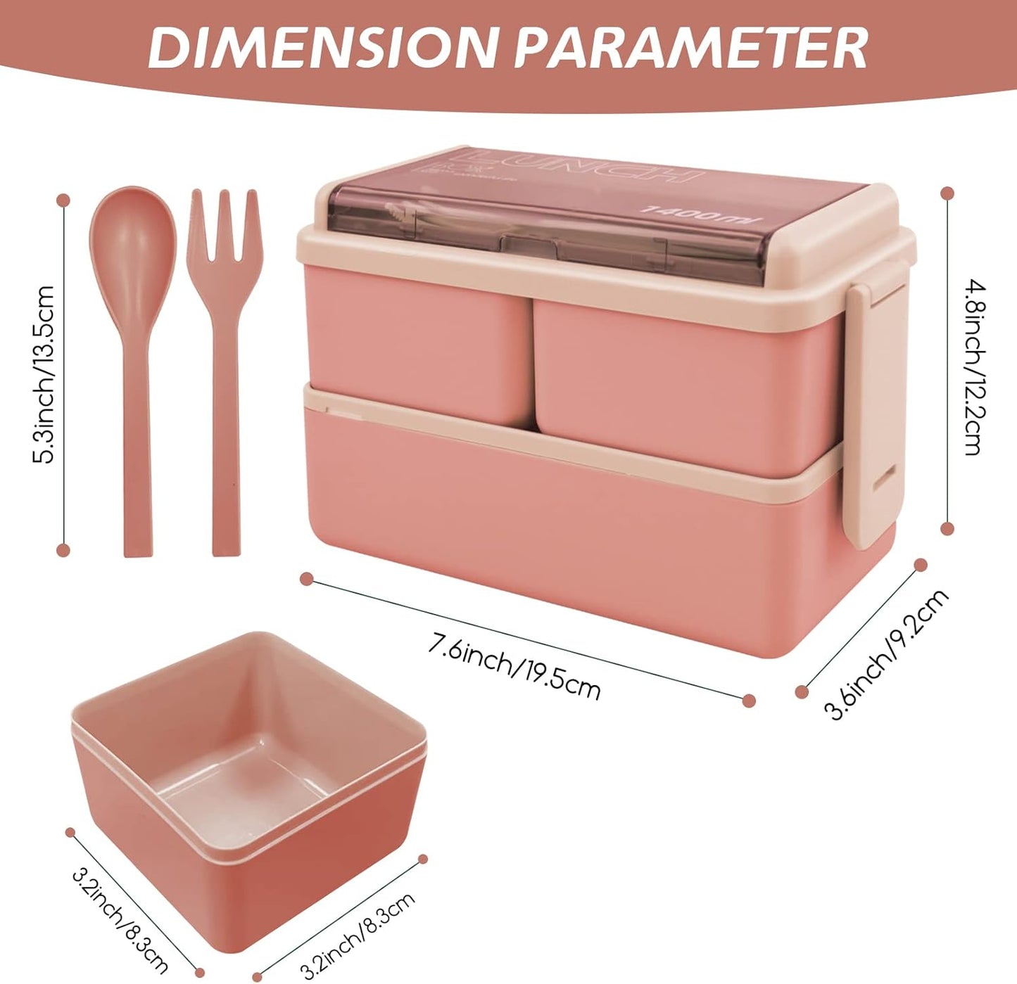Jsdoin Lunch Box Stackable,1400Ml Containers with 3 Removable Compartments and Cutlery, Leak Proof 2 Layer Boxes, for Adults Kids Office Microwave Dishwasher Safe Available(Pink)