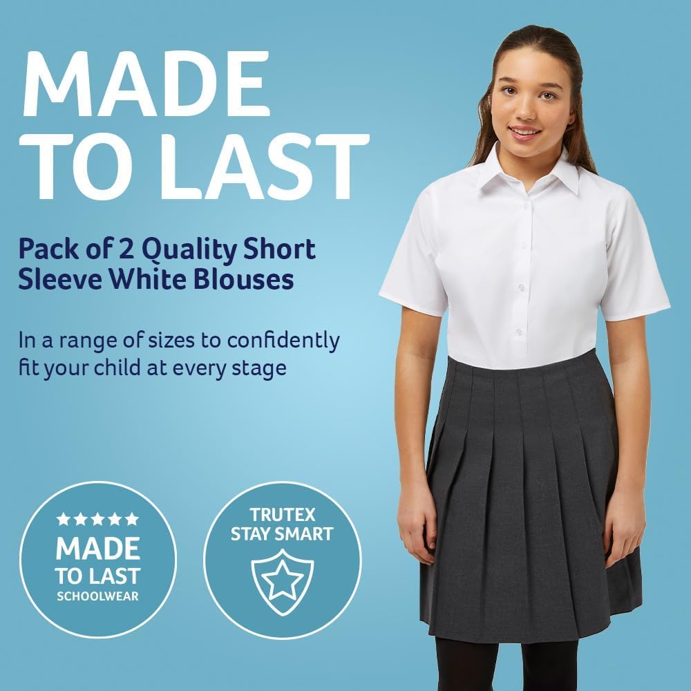 Basics 2 Pack Girls Short Sleeve School Shirts (3-16+ Years). Regular Fit Girls School Blouses, White Shirts for Girls, Easy Iron Girls White School Shirts - Genuine School Uniform