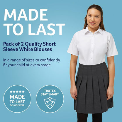 Basics 2 Pack Girls Short Sleeve School Shirts (3-16+ Years). Regular Fit Girls School Blouses, White Shirts for Girls, Easy Iron Girls White School Shirts - Genuine School Uniform
