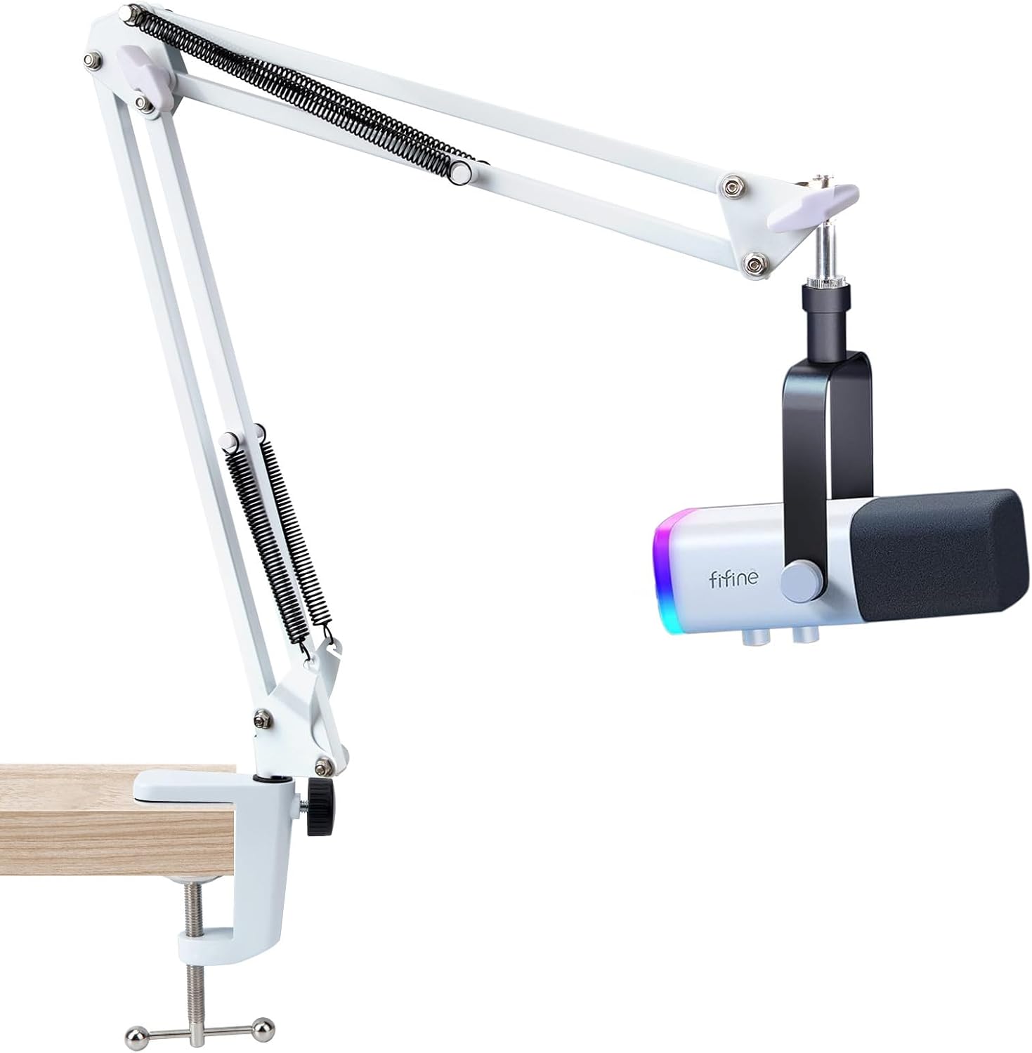 for Fifine AM8 White Boom Arm,Universal Microphone Boom Arm with 3/8" to 5/8" Screw Adapter Clip, Desk Clamp Studio Boom Arm Podcast Mic Arm, Compatible with Fifine AM8 and Most Microphones