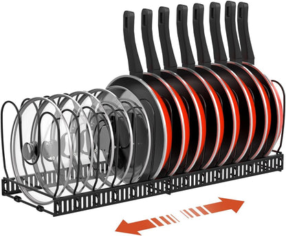 Pan Organiser for Cupboard, Expandable Pan Lid Holder with 14 Adjustable Dividers, Pot Lid Organiser Pan Storage Organizer Rack for Kitchen Cupboard, Black