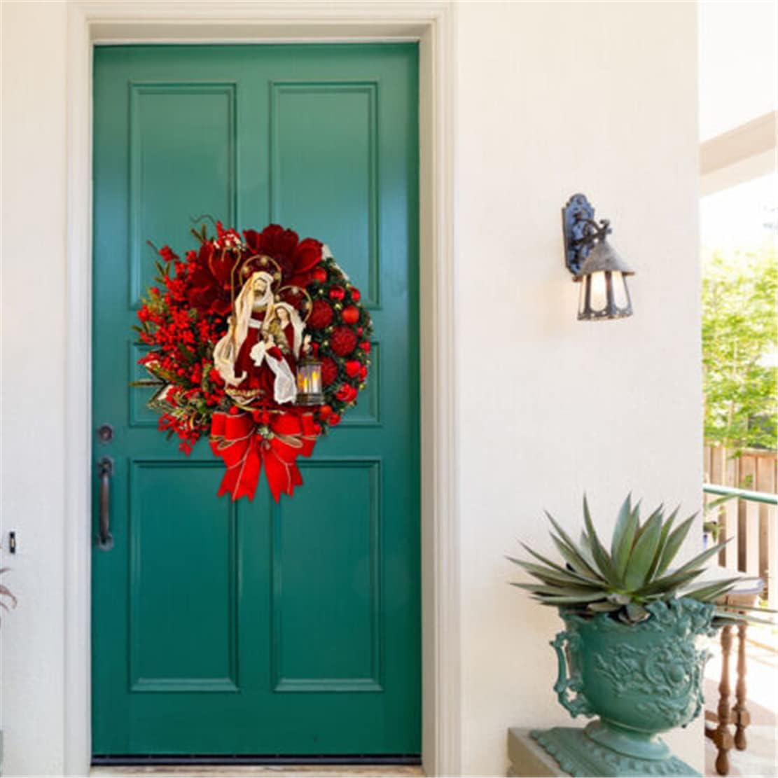 Christmas Wreath with Led Light Sacred Christmas Wreath Retro Red Christmas Wreath, Artificial Wreath Flocked with Mixed Decorations for Window, Porch, Wall Mantel (C)