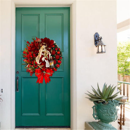 Christmas Wreath with Led Light Sacred Christmas Wreath Retro Red Christmas Wreath, Artificial Wreath Flocked with Mixed Decorations for Window, Porch, Wall Mantel (C)