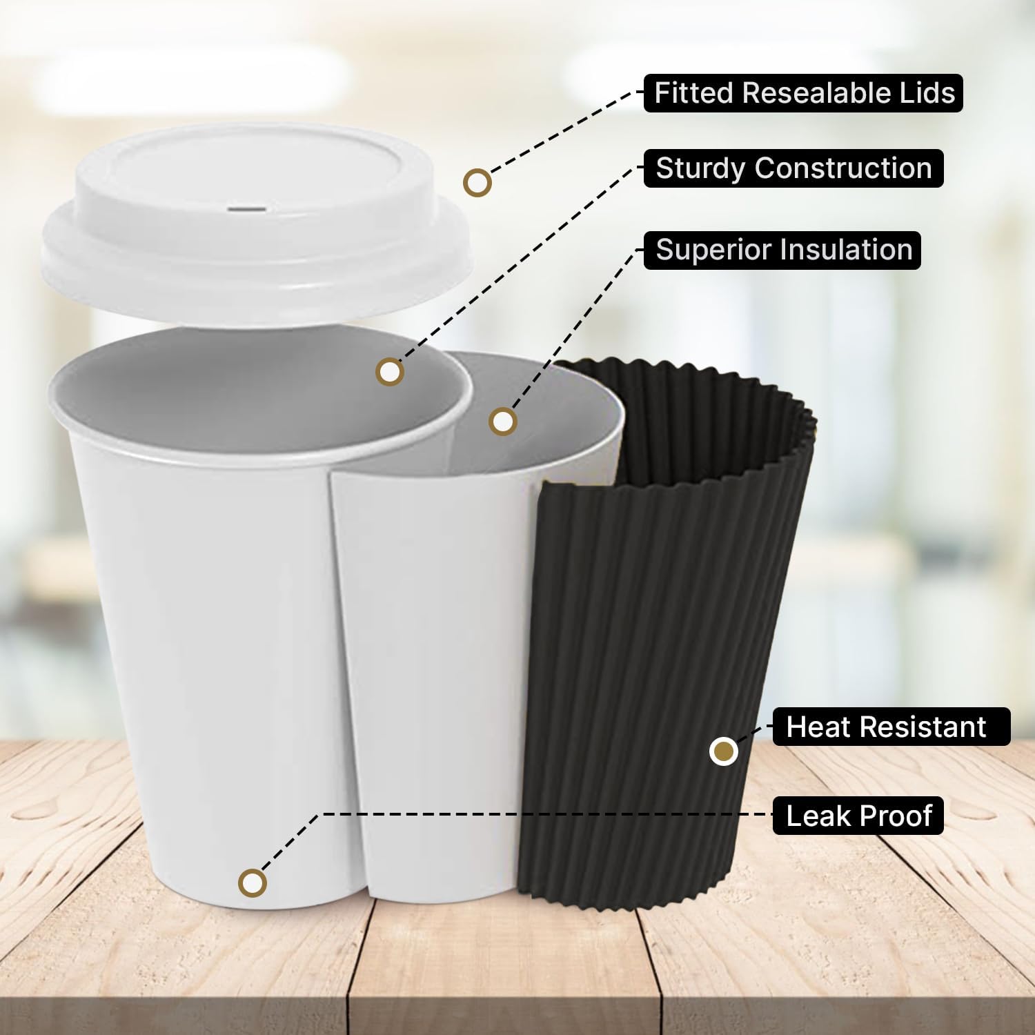 Zuvo 50 Pack Takeaway Coffee Cups with Lids | Disposable Insulated Triple Wall Ripple Kraft Paper Coffee Cups for Takeaway Coffee, Tea or Hot Liquids | Pack of 50 (16 Oz.)