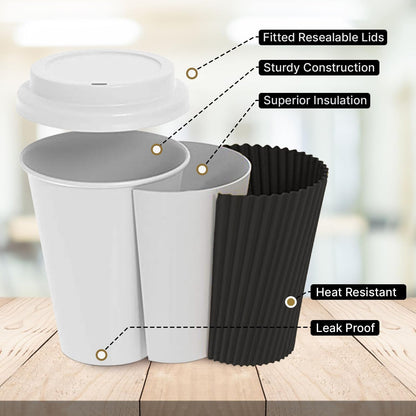 Zuvo 50 Pack Takeaway Coffee Cups with Lids | Disposable Insulated Triple Wall Ripple Kraft Paper Coffee Cups for Takeaway Coffee, Tea or Hot Liquids | Pack of 50 (16 Oz.)